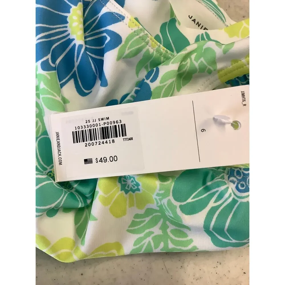 Janie and Jack Girl's 6 Bright Green Floral Ruffle Rashguard Swimsuit Set K17-2